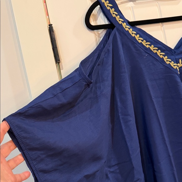 Blue V-Neck Kaftan with Gold Trim - Picture 2 of 4